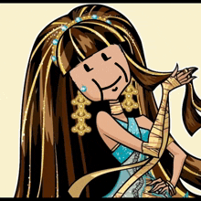 a cartoon drawing of a girl with long hair and a smiley face on her face