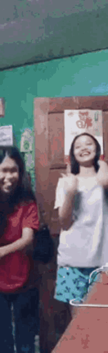 two girls are standing next to each other in a room .