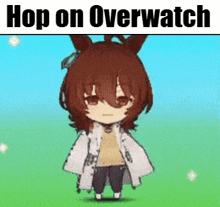 a cartoon of a girl with horns and the words `` hop on overwatch '' .