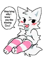 a pixel art drawing of a cat with a speech bubble saying stop lying silly i know you like kissing soul