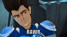 a cartoon character with the word rawr written on his face