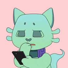 a cartoon drawing of a cat holding a cellphone