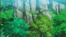a painting of a forest with trees and rocks