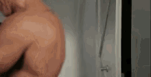 a shirtless man is standing in a bathroom next to a shower curtain .