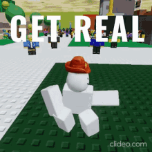 a roblox character wearing a fireman 's hat is dancing in a video game with the words `` get real '' .