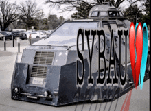 a black vehicle with sybau written on the side of it