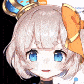 a girl with white hair and blue eyes is wearing a crown and a yellow bow