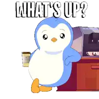 a penguin holding a cup of coffee with the words what 's up behind him