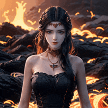 a woman in a black dress with a necklace and a crown on her head