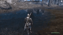 a knight in a video game is swimming in a lake