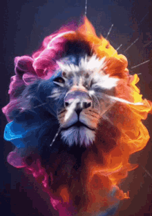 a colorful painting of a lion surrounded by fire and smoke