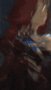 a cartoon girl with blue hair is looking through a magnifying glass at something