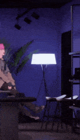 a man with pink hair is standing in a room with a purple wall