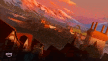 a painting of a city with mountains in the background and a prime logo in the corner