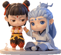 a statue of a boy sitting next to a girl with blue hair