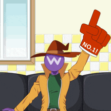 a cartoon character holding up a red glove that says " no.1 "