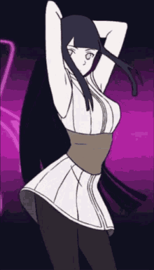 a cartoon of a girl with long black hair and a white dress