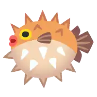 a cartoon drawing of a puffer fish with sharp teeth and a red nose