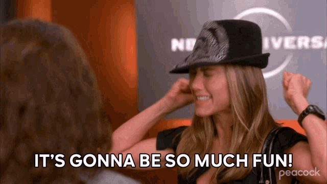 a woman wearing a black hat says 