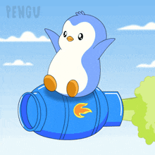 a cartoon of a penguin sitting on top of a blue object with the word pengu written on the bottom