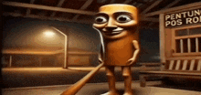 a cartoon character is standing in front of a building with a sign that says ' pentin pos roo ' on it .