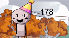 a cartoon character wearing a party hat with the number 178 written on it
