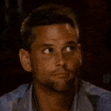 a man with a beard is making a funny face while wearing a blue shirt