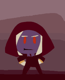 a cartoon character with red eyes and a hood