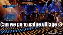 a group of men are dancing in a video game with the words " can we go to value village 3 "