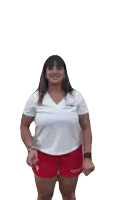 a woman wearing a white shirt and red shorts with the word jardin on the shorts