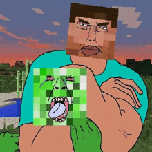 a cartoon of a man holding a creeper with his tongue out
