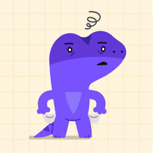 a purple dinosaur is standing in front of a red line going down