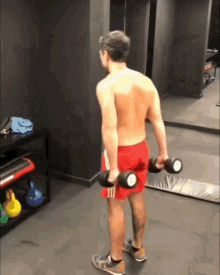 a shirtless man in red shorts is holding two dumbbells