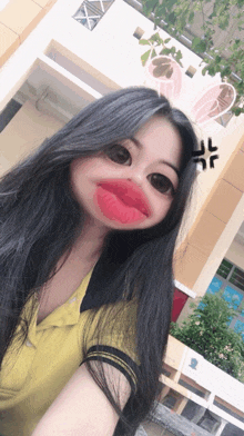 a girl with long black hair is wearing a yellow shirt and making a funny face
