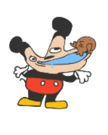 a cartoon drawing of mickey mouse with a large mouth and a rabbit on his head .