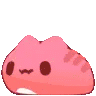 a pink cartoon cat with a white nose and mouth is standing on a white surface .