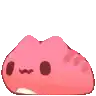 a pink cartoon cat with a white nose and mouth is standing on a white surface .
