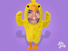 a man in a yellow duck costume with jib jab written below him