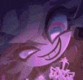 a close up of a cartoon character 's face with purple eyes and a purple smile .