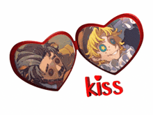 a couple of heart shaped frames with the word kiss on the bottom