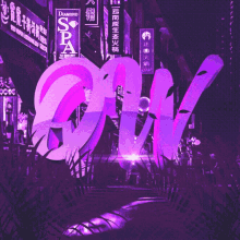 a purple sign that says gnw is lit up at night