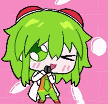 a pixel art drawing of a girl with green hair and a white coat