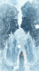 a painting of a woman standing in front of two lions with copcat written on the bottom