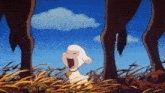 a cartoon sheep is standing in a field with its mouth wide open