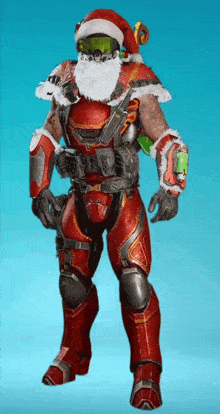 a man in a santa hat is wearing armor