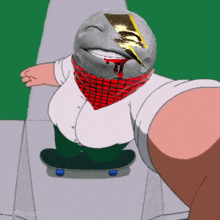 a cartoon character is riding a skateboard with a bandana on his face
