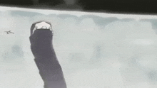 a drawing of a person standing in the snow with a bird flying in the background .
