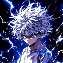 a boy with white hair and blue eyes is standing in front of a blue lightning bolt .