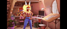 a girl in a plaid shirt and blue jeans is standing in a room with a desk and a computer .