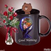 good morning line character brown heart rose